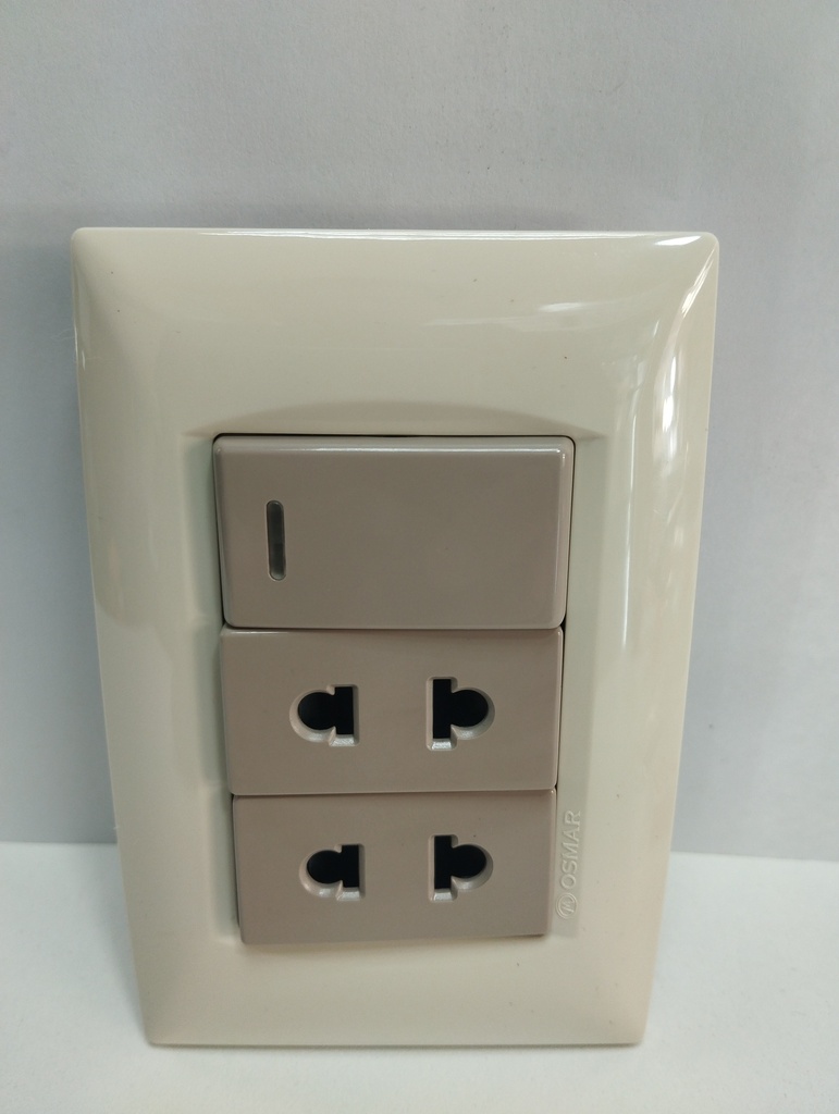 Toma mixta triple, 2 modulo sin polo a tierra + 1 interruptor (Beige, Osmar)