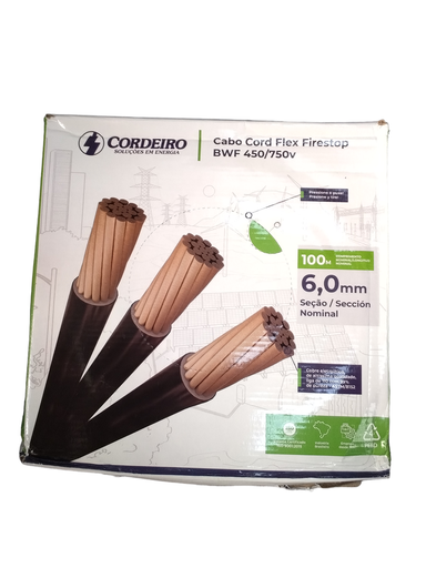 [1-1-4P] Rollo de cable Eléctrico No 10 Awg/6 Mm2, multifilar, monopolar, 100 metros (Negro, Cordeiro)